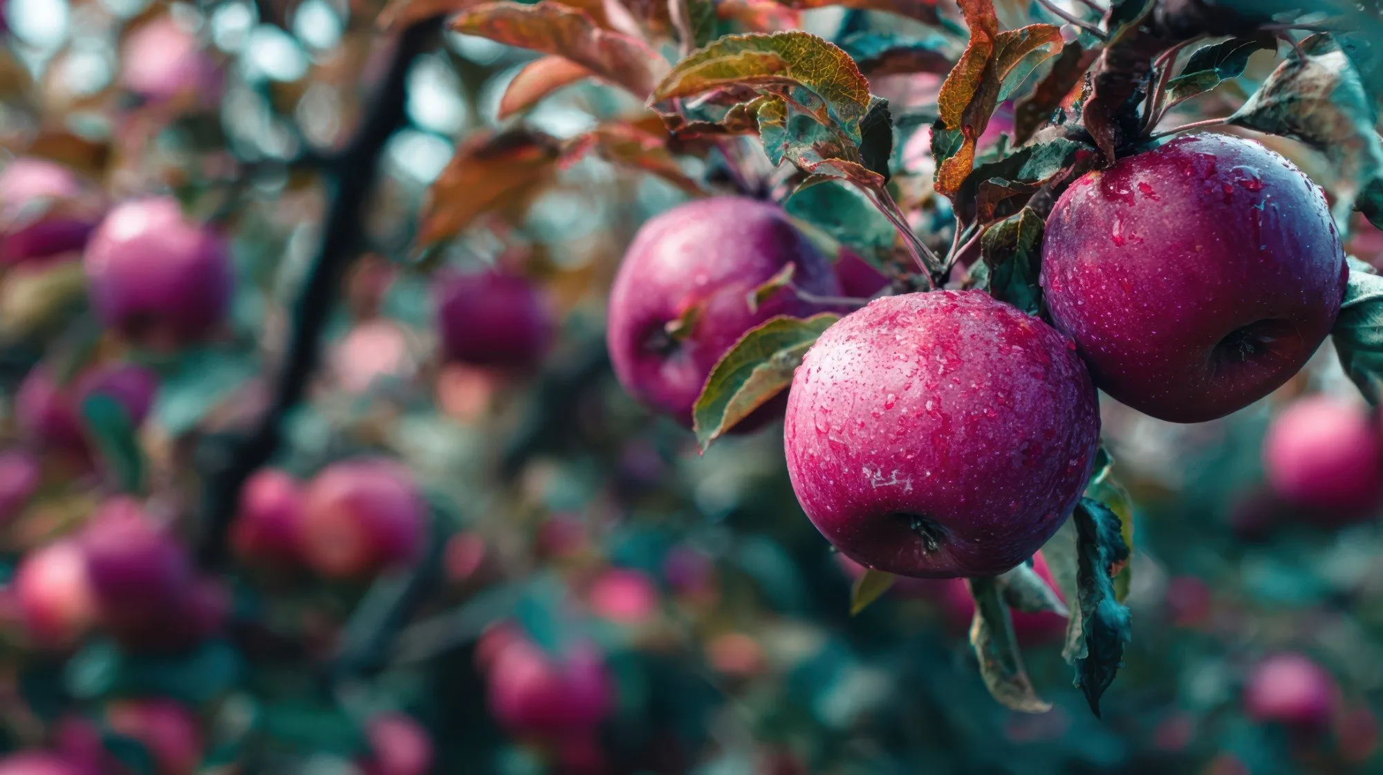 Czerwone jabłka z kroplami rosy wiszące na drzewie